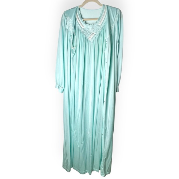Vintage Shadowline Nightgown & Robe Set Green Embroidered Lotus Flower Medium - Picture 1 of 9